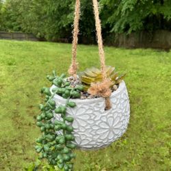 Artificial Hanging Potted Plant, White And Gray Fake Plant For Indoor, Outdoor, Living Room, Office, Decor