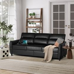 85''W 3-Seater Modern Faux Leather Sofa Couch Living Room Office w/ USB Ports Black