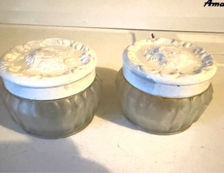 Pair Glass cosmetic Jars with Decorative Ceramic Lids, Set of 2