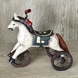 Folk Art Style Rustic Painted Wood & Metal Horse on Wheels Tricycle Decor 7.75”T