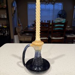Vintage Art Pottery candlestick holder, Blue Glazed, Signed , 6"  Tall