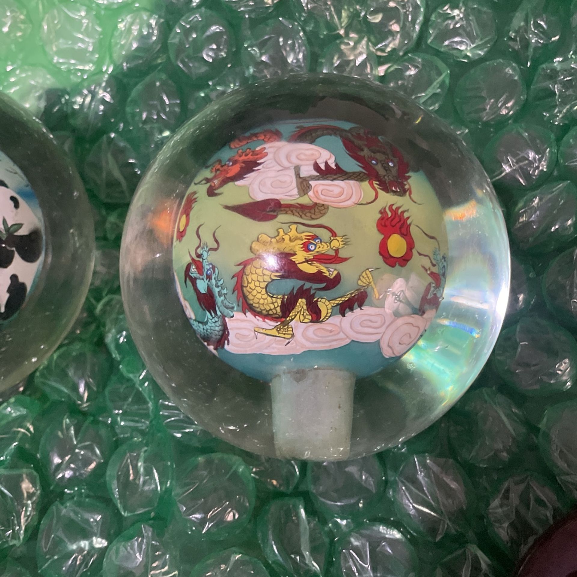 Vintage Chinese inner painted Dragon heavy glass ball on wood stand