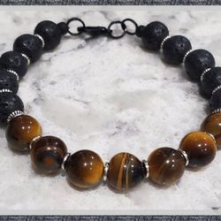 Beaded Lava And Tiger's Eye Bracelet Handmade 