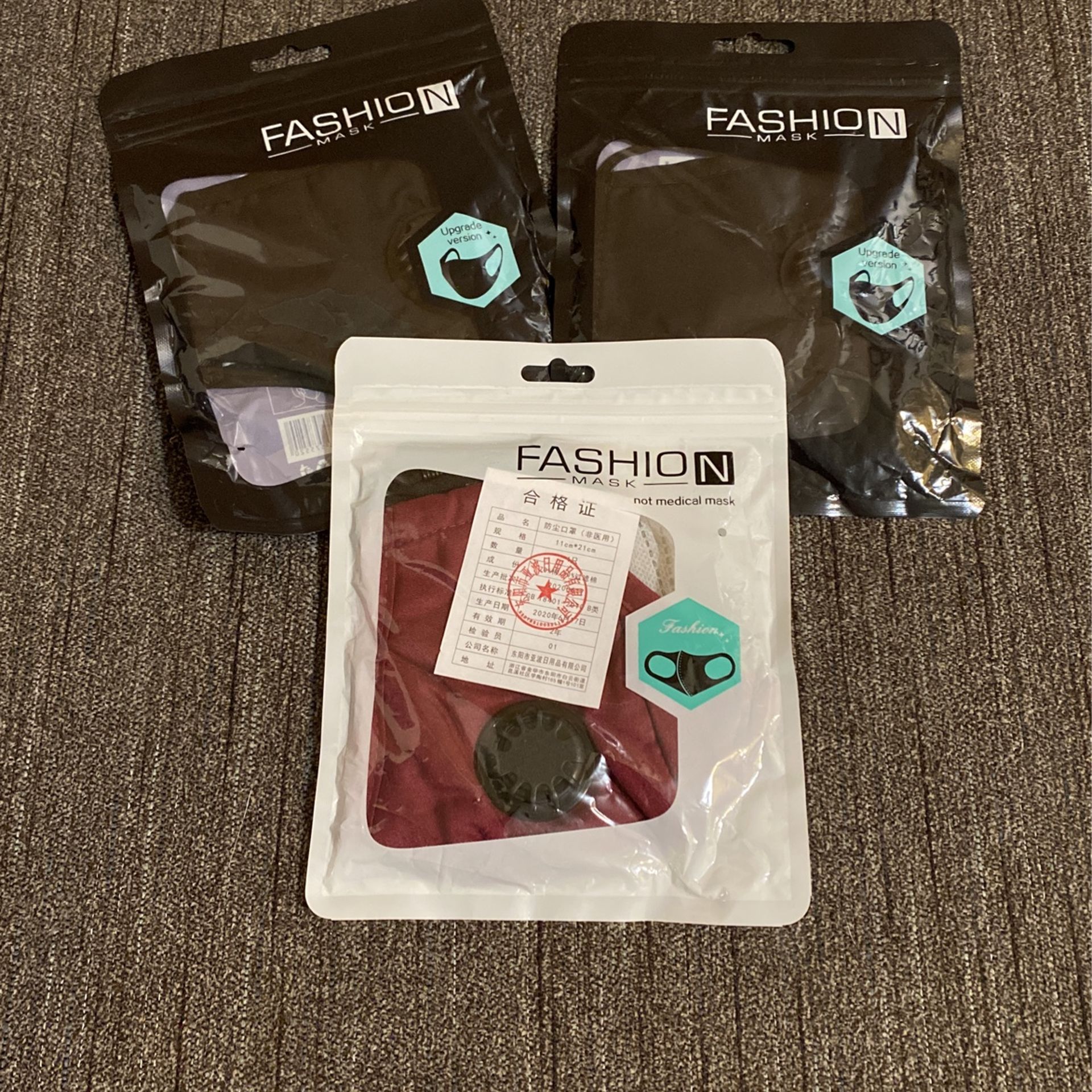 3-Brand New  Face Masks 2- Black 1- Burgundy