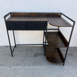 L-Shaped Desk w/ Shelves & Drawers – Rustic Wood + Black Metal Frame