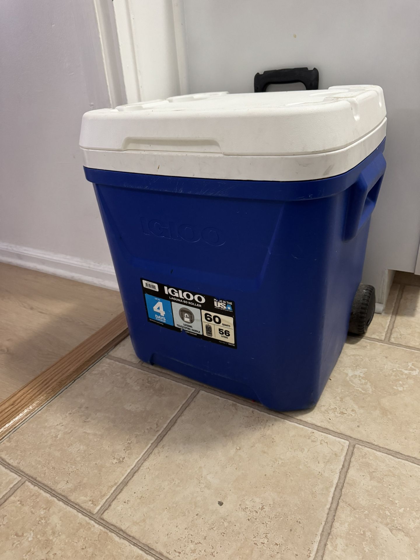 Igloo Ice Cube Wheeled Roller Cooler, White/Blue, 60 Qt