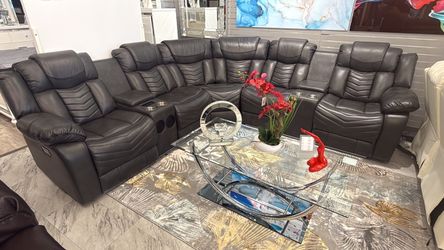 Gray Leather Reclining Sectional Sofa