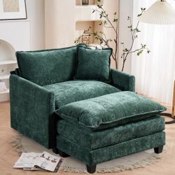 Chenille Sectional Sofa, Comfy Modular Single Sofa with Ottoman, Modern Recliner Deep Seat Sofa Set for Living Room,Green