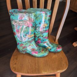 Vintage Teal Floral Rain Boots - Women's Size 9