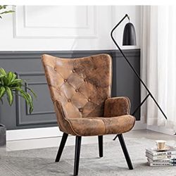 Coffee Microfiber Fabric Wingback Accent Chair with Wooden Legs