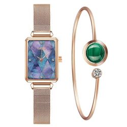 Gaiety Womens Stainless Steel Quartz Designer Watch and Faux Malachite Bracelet Rose Toned Set