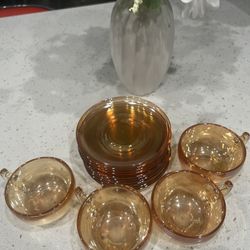 Vintage Set of 4 Peach Luster Glass Mugs & 9 Plates 