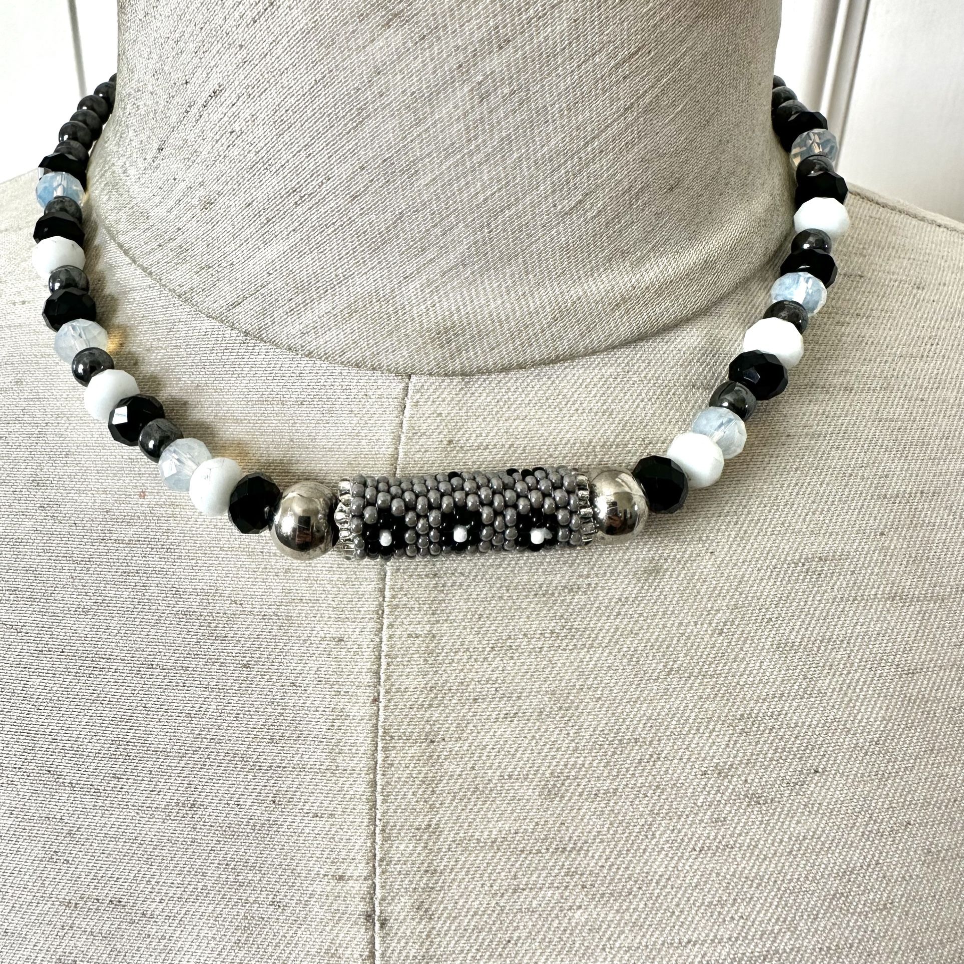 Hematite Black White Beaded Necklace