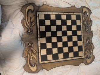 Custom Carved Wood Chess Board & Board Pieces