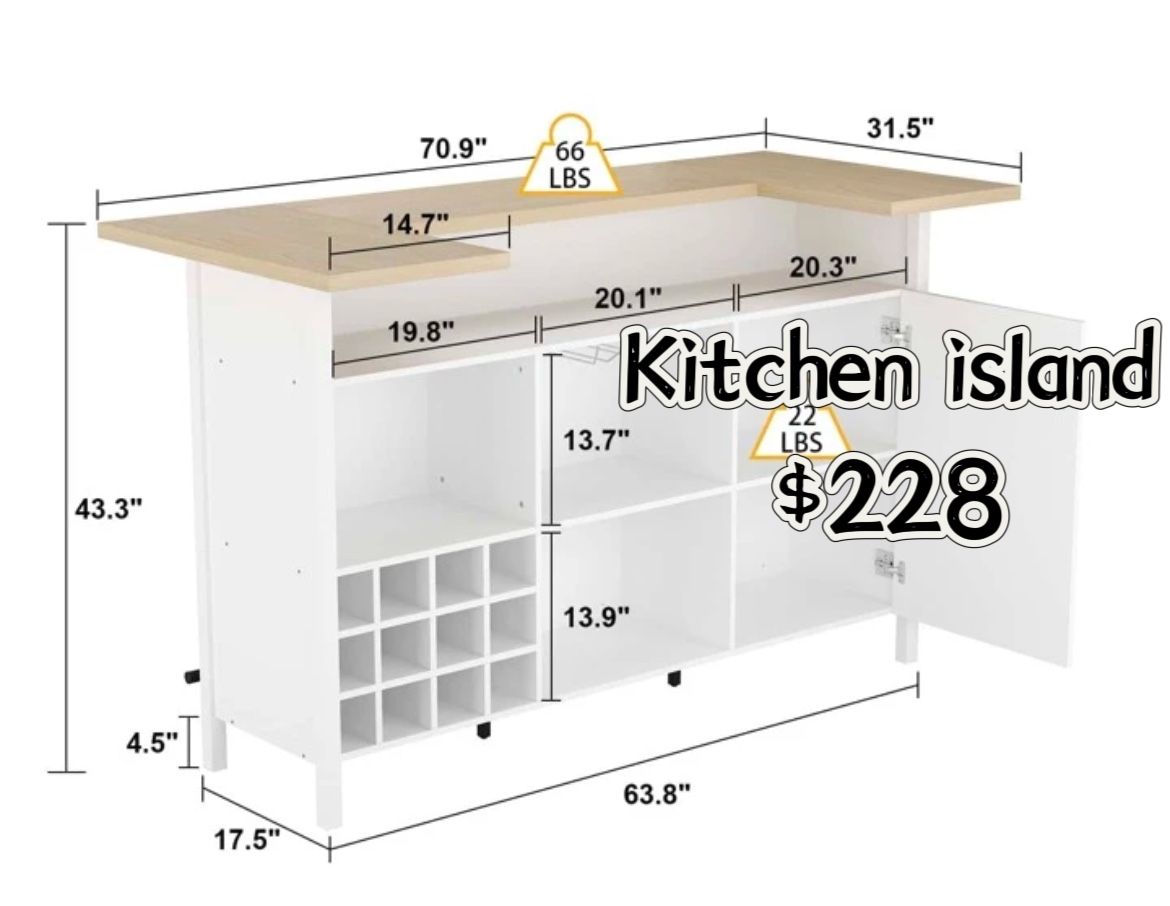 😀 Wood Kitchen Island With Breakfast Bar And Wine Rack, Kitchen Center With Storage Cabinet And Shelves, $228 👀Please check photo 3