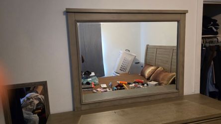 Bedroom set with Bed set, mattress, Large Mirror with Gray Wood Frame