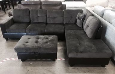 Gray microfiber sectional couch and ottoman