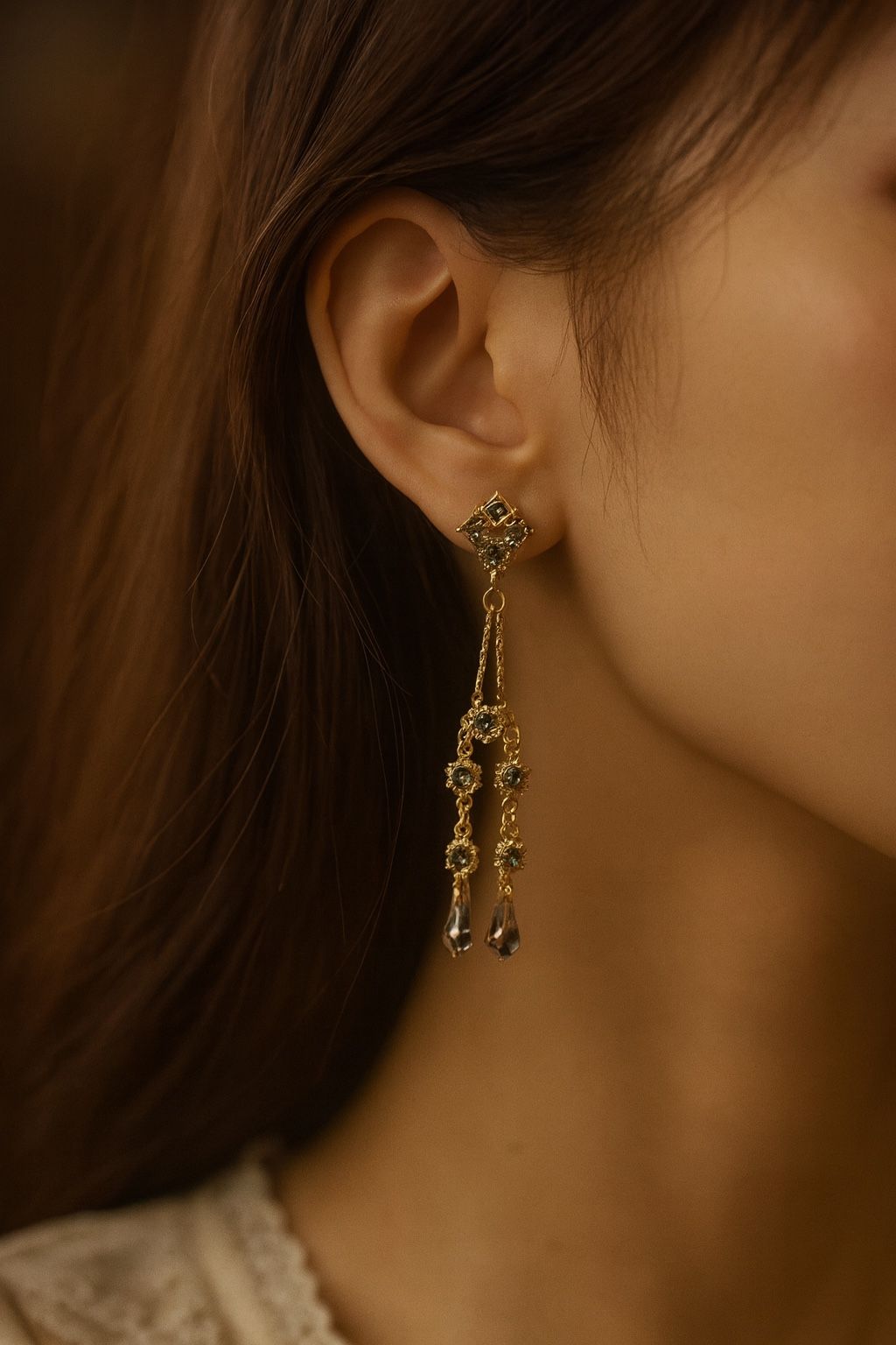 Vintage Style Gold Long Drop Earrings with Smoky Crystal – Elegant & Ornate Design
