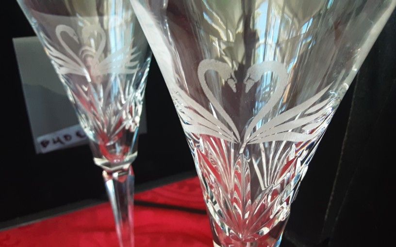 WATERFORD WEDDING, SWANS, 2 FLUTES,,  $100 FOR 2 WITH BOX.  HAVE MANY OTHER WATERFORD GLASSES.  PU 15&8 OR 15&POWAY RD.  ASK FOR PRICES.