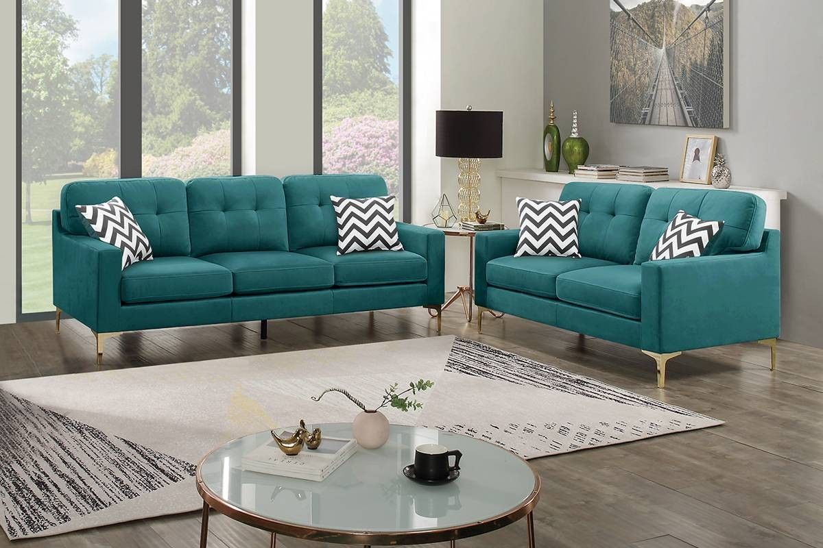 New! Teal Blue Velvet Modern Sofa and Loveseat Living Room Set