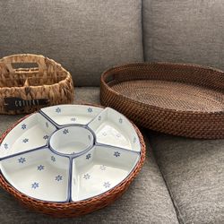 Woven Wicker Set - Serving Table Tray Chip And Dip Cutlery Basket
