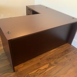 Desk l shape 66”x66” mahogany with drawers