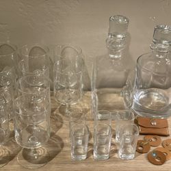 Complete Glass Barware Set: Decanters, Wine Glasses, Shot Glasses, & Leather Drink Markers