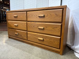 Oak Six Drawer Lowboy Dresser with Wooden Handles