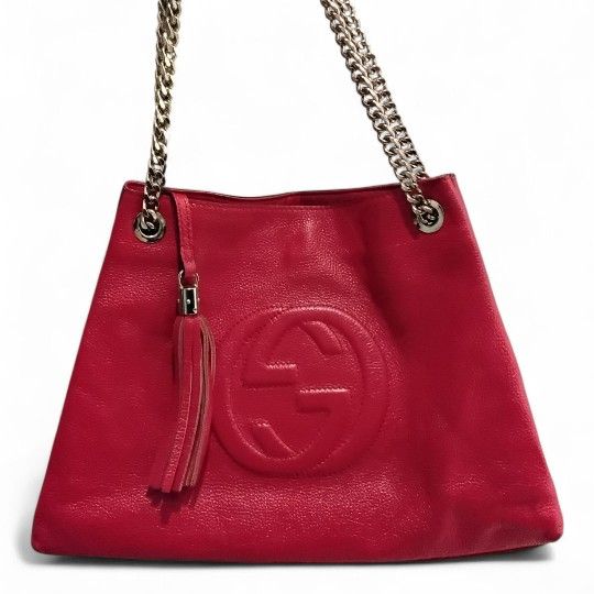 GUCCI Soho Leather Tassel Chain Shoulder Tote Bag Red/3089823086