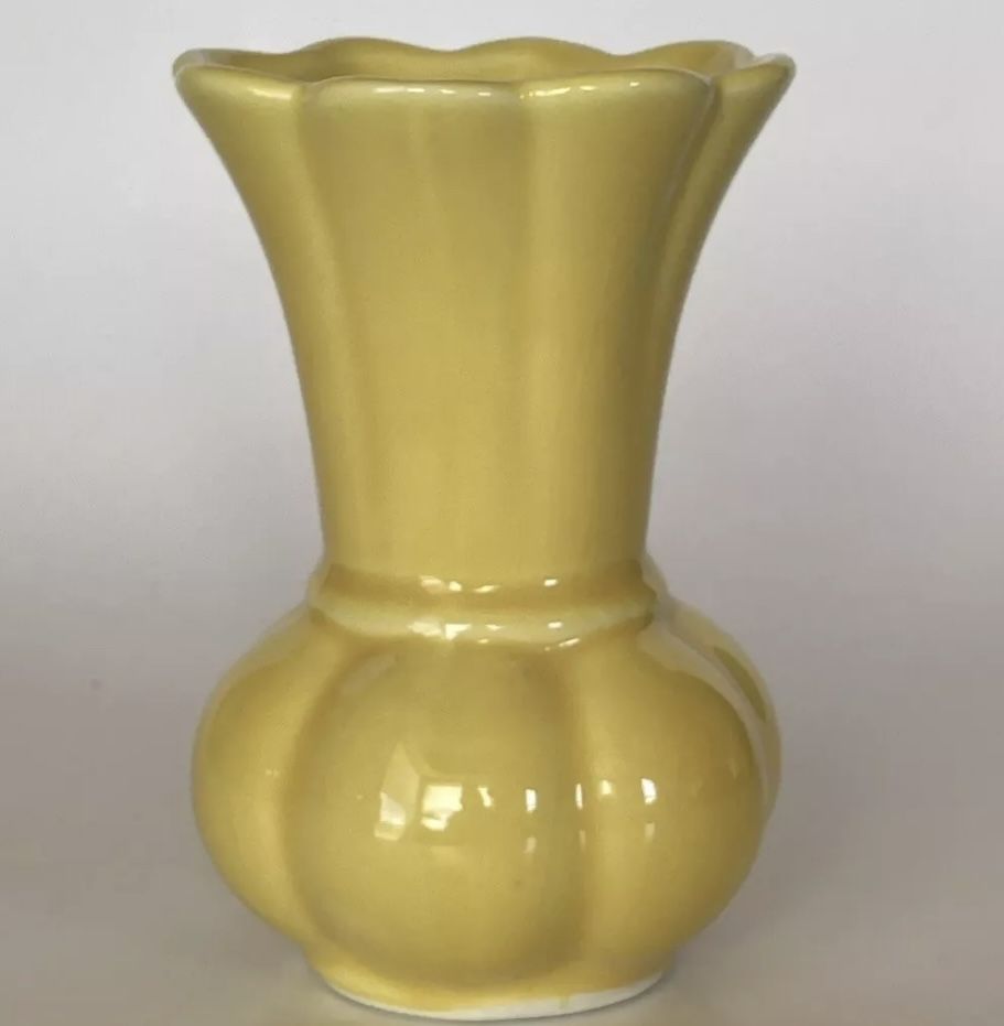 USA Early Century Vase w Embossed Flower Design Yellow.