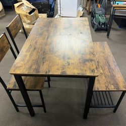 Costway 4pcs Dining Table Set Rustic Desk 2 Chairs & Bench w/ Storage