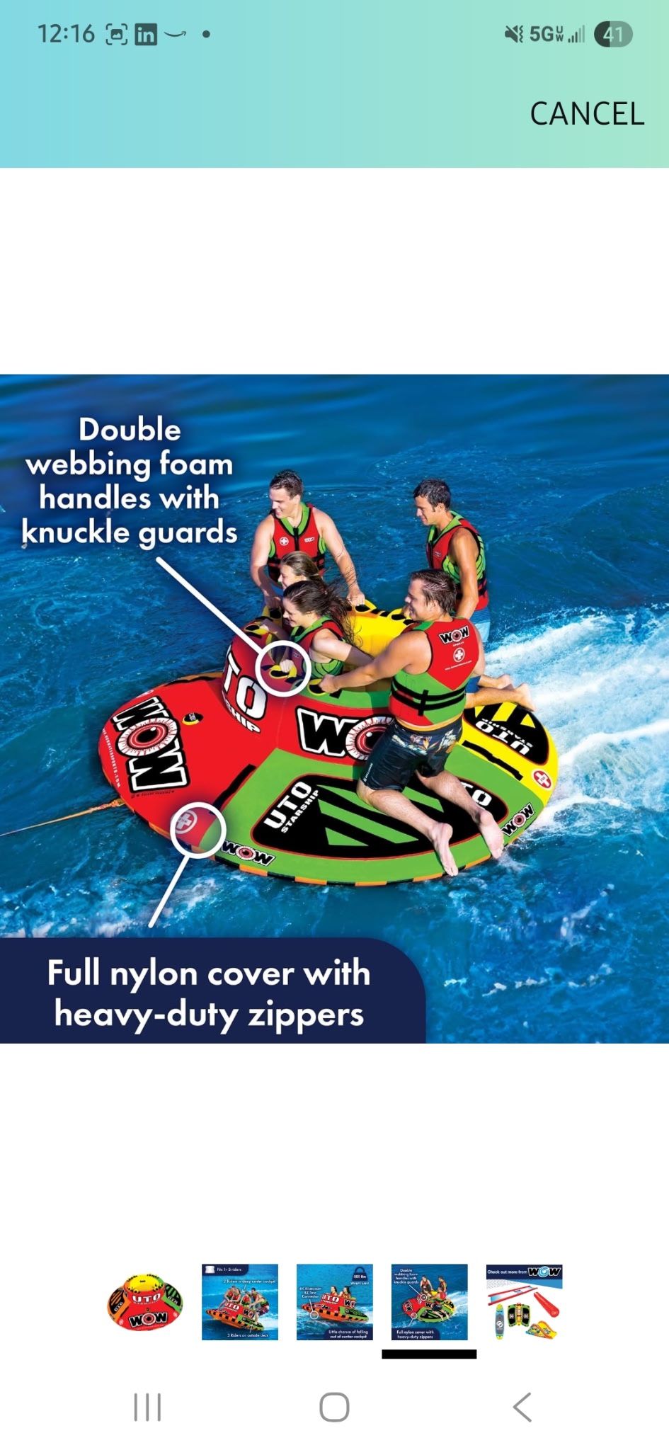 WOW Sports – UTO Starship Towable Tube for Boating – 1-5 Person 850 lbs Capacity – Inflatable Boat Tube for Water Sports – Youth & Adults. New in box