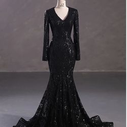 Long Sleeve Black Sequin Prom Dress