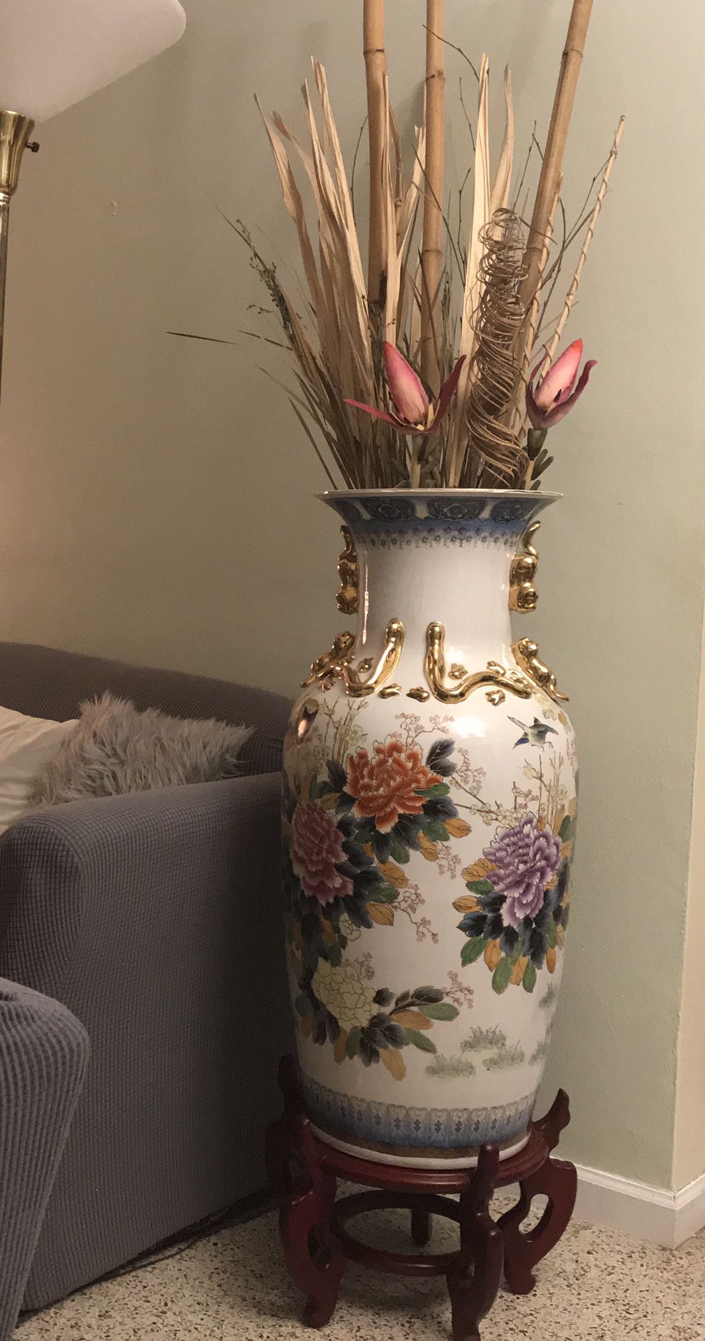 Oriental Vase With Arrangement And Wood Base