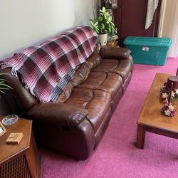 Brown Leather Couch With 2 Recliner's One On Each End 