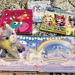  3 Unicorn Books + Plush Stuffed Unicorn + Unicorn Peep-Through Glittery Board Book)