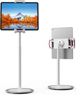 SAIJI Tablet Stand Holder, Height Adjustable, 360 Degree Rotating, Aluminum Alloy Cradle Mount Dock for 4.7"-12.9" iPhone Samsung iPad Kindle (Silver)
