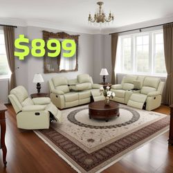 Modern stylish high Quality Beige Recycled Leather 3-Piece Couch Living Room Sofa Set