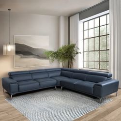 Costco Abbyson Quinton Top Grain Leather Sectional with Adjustable Headrests, Blue $400