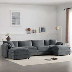 136 Chenille Modular Sectional Sofa with Deep and Wide Seat,U Shaped Cloud Couch Set with Double Cushions,6 Seat Sofa with Movable Ottomans,Ov