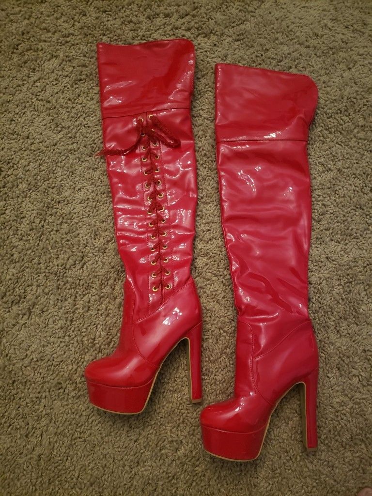 Thigh High Red Lace Up Stilleto Boots Size 7