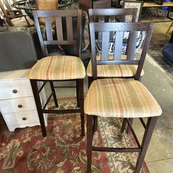 Wood Bar Stools with Striped Upholstered Seats - Set of 3