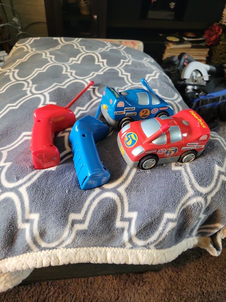 Vintage 1993 Fisher Price Race Car Set Complete With Remote Controls Red And Blue