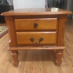 Solid wooden side table with 2 storage shelves