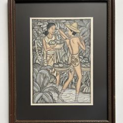 Vintage Bali Indonesia Original Watercolor Painting by W. J. Nanu Signed, Framed