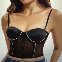 Women's Halle Rhinestone Mesh Corset Top - Underwire, Adjustable Straps Sheer Going Out Top