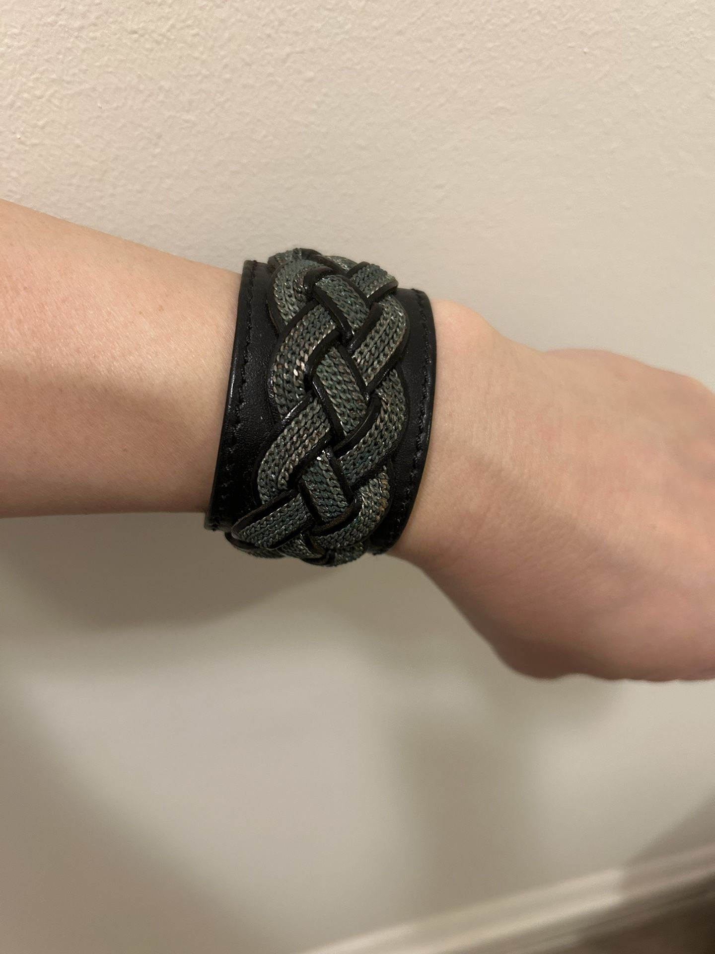 Loewe Braided Leather Cuff Bracelet Black Silver Closure
