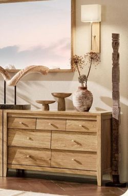 AMBERHAUS 7-drawer chest with beveled panel, rustic bedroom dresser, wooden TV stand, storage organizer for bedroom, living room or hallway, natural r