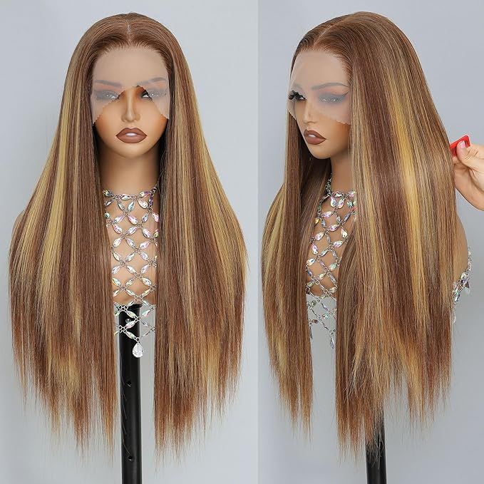 Highlight Lace Front Wig, 13x6 Honey Blonde Synthetic Pre-Plucked Long Straight Hd Lace Wigs 26 Inch Brown Blonde Highlights Honey Brown Wig Suitable 