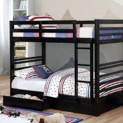 Brand New Black Twin Over Twin Bunk Bed w Trundle Drawers 